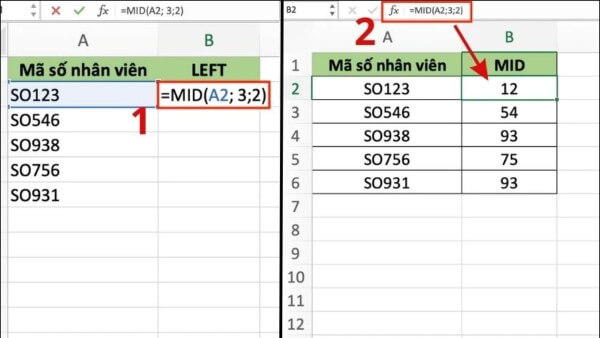 Nhập công thức: =MID(A2,3,2)