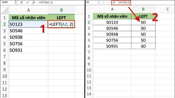 Nhập công thức: =LEFT(A2,2)