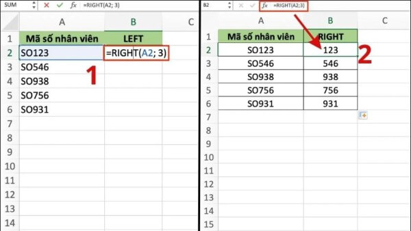 Nhập công thức: =RIGHT(A2,3)