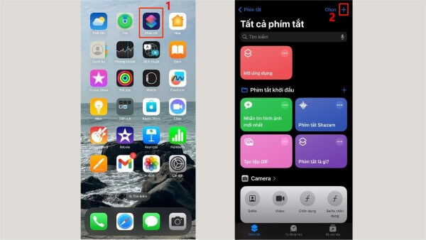 Mở Phím tắt → nhấn dấu “+”