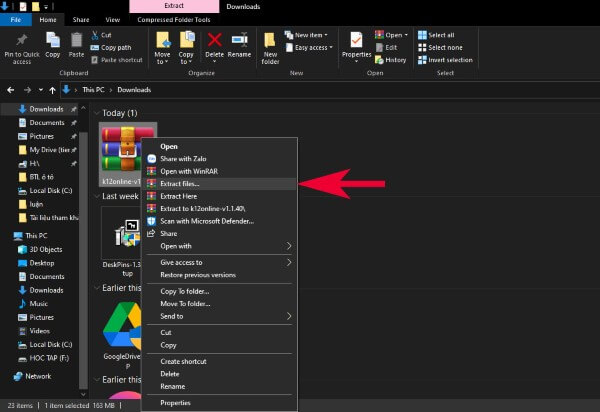Nhấn chọn “Extract files...” để giải nén