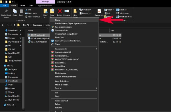 Nhấn chuột phải vào file “01.VC_redist.x86” → chọn Open