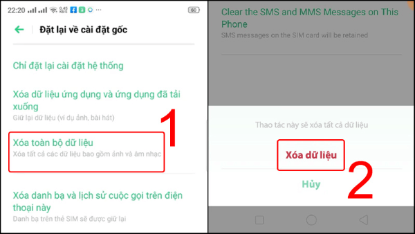 Nhấn Xóa dữ liệu