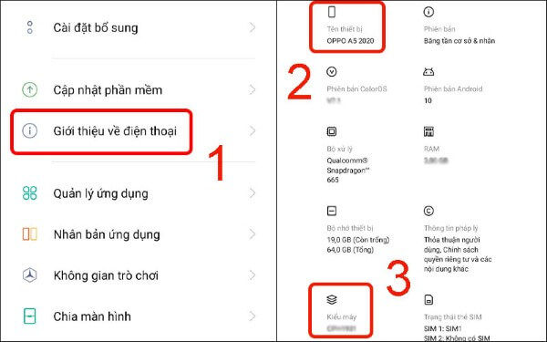 Chọn Giới thiệu điện thoại và sao chép số kiểu máy