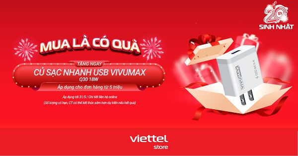 Tặng ngay củ sạc nhanh Vivumax Q30 18W cho đơn hàng từ 5 triệu đồng