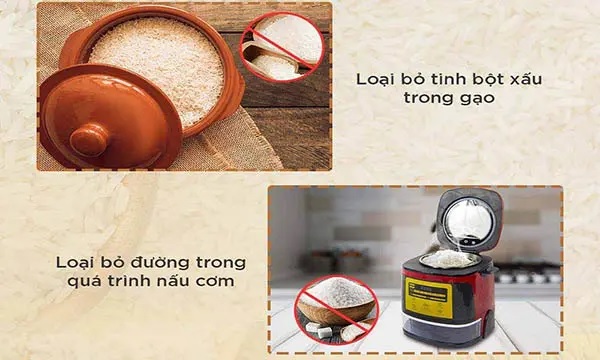 Nồi cơm tách đường vẫn đảm bảo chức năng nấu chín gạo thành cơm nhưng thêm tính năng hỗ trợ loại bỏ lượng đường cao