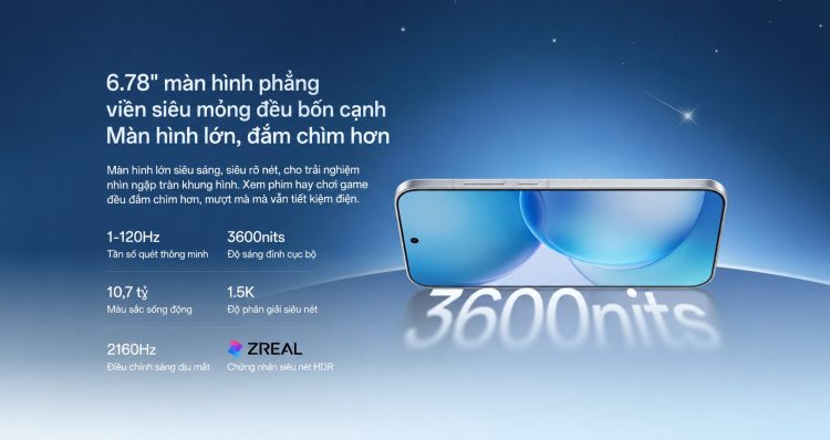 OPPo Reno16 Pro sở hữu kích thước màn hình 6.78 inch