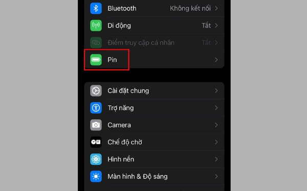 Mở Cài đặt → chọn mục Pin
