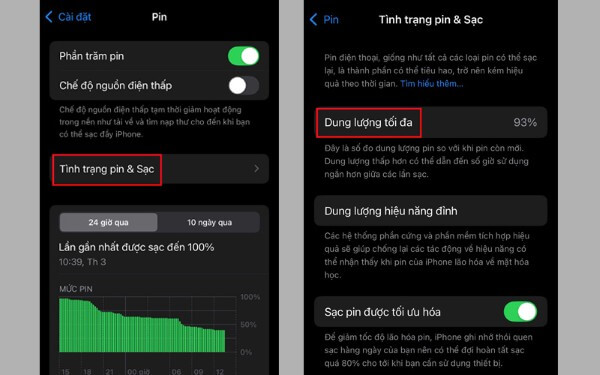 Chọn Tình trạng pin & Sạc → Dung lượng tối đa