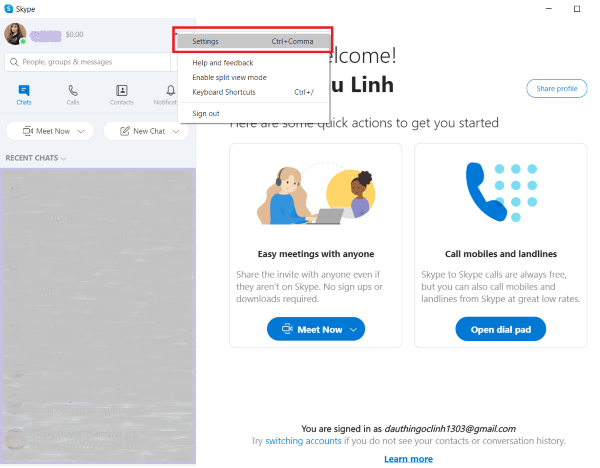 Mở mục Settings