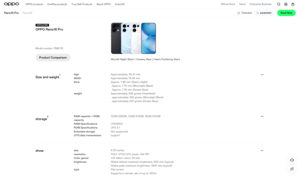 Thông số OPPO Reno16 Pro được đăng tải trên OPPO China