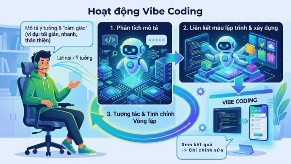 Cơ chế hoạt động của Vibe Coding dựa trên trí tuệ nhân tạo và ngôn ngữ tự nhiên