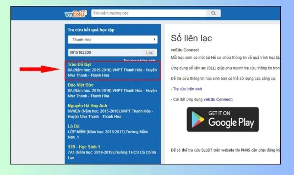 Nhấn vào tên học sinh