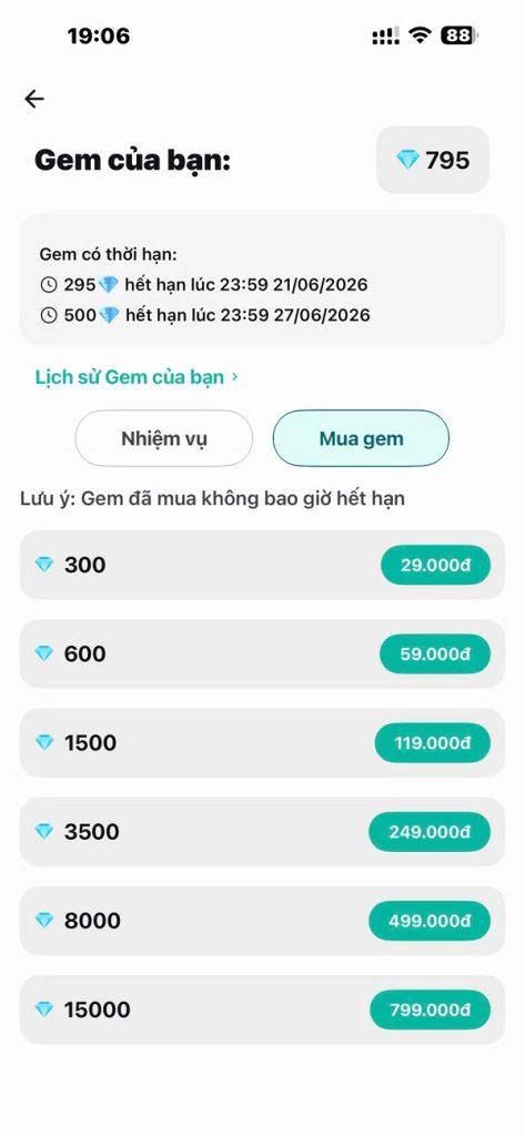 Các gói nạp tiền (Tùy chọn cho người chơi hệ VIP)