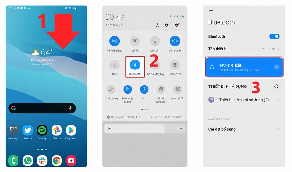 Vuốt nhẹ từ đỉnh màn hình, nhấn chọn Bluetooth và kiểm tra mức năng lượng cạnh tên tai nghe