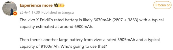 Pin Vivo X Fold 6 có thể đạt 6.900 mAh