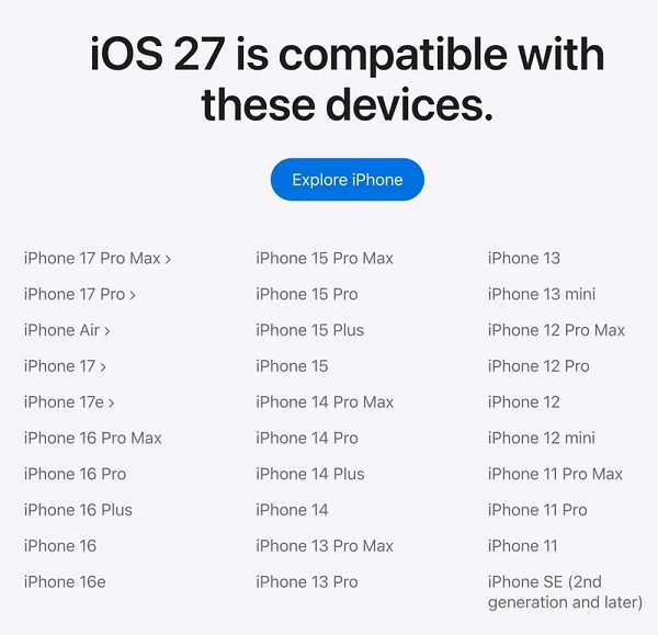 Danh sách thiết bị cập nhật iOS 27