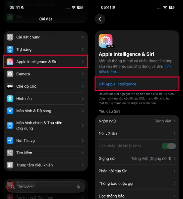Chọn Apple Intelligence & Siri