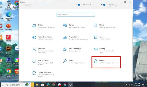 Chọn mục Privacy