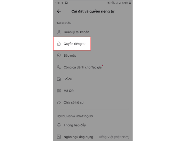 Chọn Quyền riêng tư