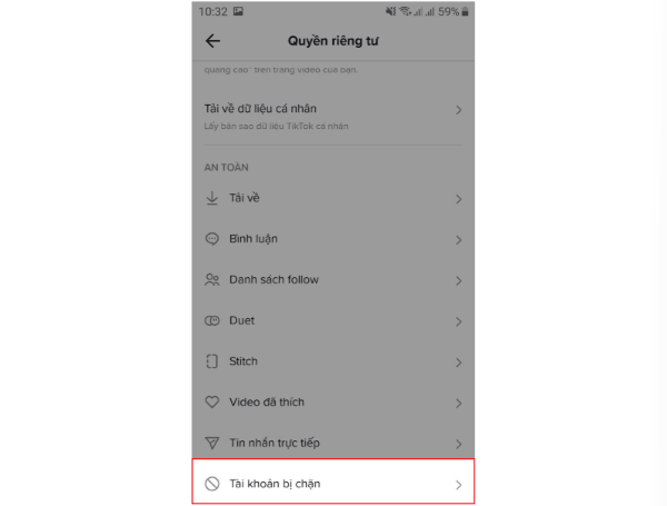 Chọn Tài khoản bị chặn