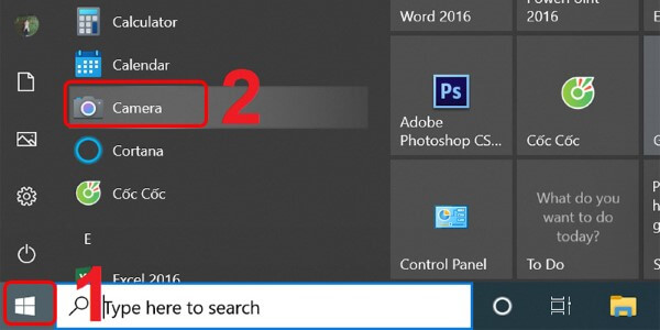 Mở Start Menu → gõ từ khóa “Camera”