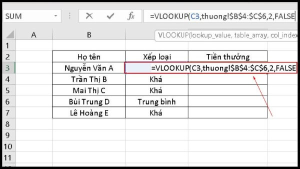 Nhập công thức: =VLOOKUP(C3,thuong!$B$4:$C$6,2,FALSE)
