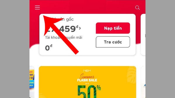 Nhấn biểu tượng 3 gạch ngang 