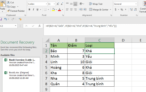 Những ví dụ về công thức xếp loại học lực trên Excel