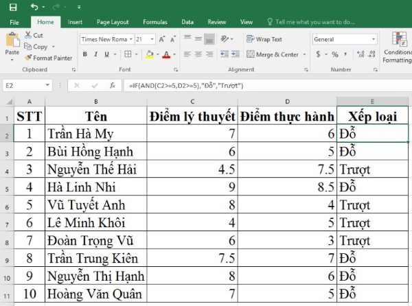 Nhập công thức: =IF(AND(C2→=5,D2→=5),“Đỗ”,“Trượt”)
