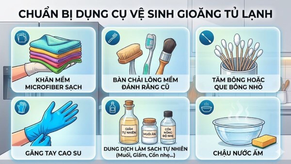 Chuẩn bị một số vật dụng vệ sinh gioăng tủ lạnh