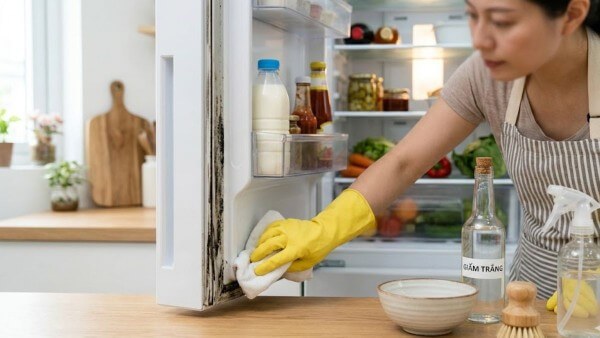 Dùng giấm trắng pha loãng hoặc nước ấm pha với baking soda để làm sạch
