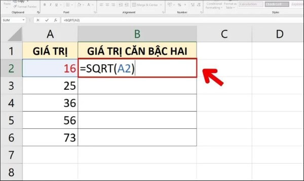 Nhập công thức: =SQRT(A2)