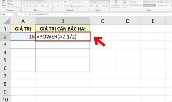 Nhập công thức =POWER(A2;1/2)