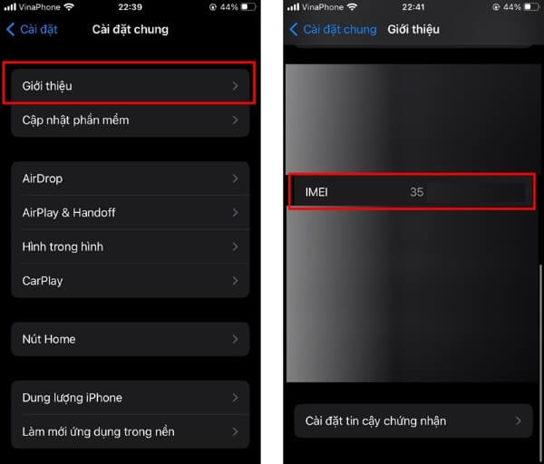 Kéo xuống mục IMEI