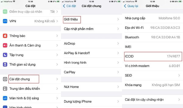 Tìm mục ICCID trong phần giới thiệu