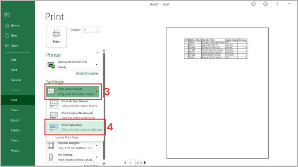 Mở Print Active Sheets → chọn Print Selection