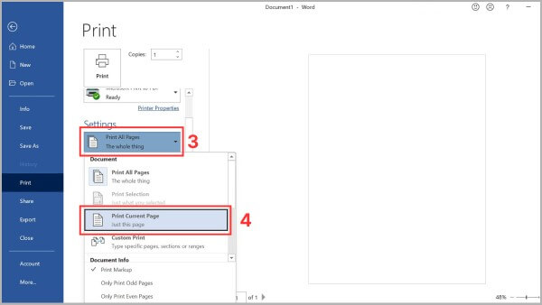 Nhấn vào menu thả xuống tại mục Print All Pages