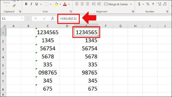 Nhập công thức: =VALUE(C1)