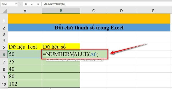 Nhập công thức: =NUMBERVALUE(A6)