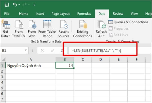 Nhập công thức: =LEN(SUBSTITUTE(A1," ",""))