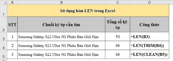 Công thức đếm số ký tự không tính khoảng trắng