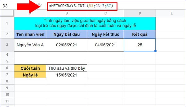 Công thức hàm NETWORKDAYS dùng để đếm số ngày làm việc thực tế