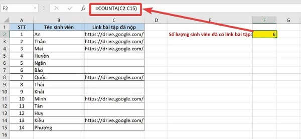 Nhập cú pháp: =COUNTA(C2:C15)