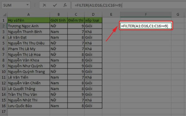 Nhập công thức: =FILTER(A1:D16,C1:C16→=9)