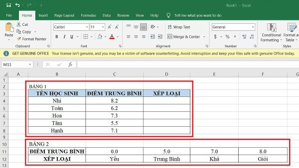 Ví dụ về hàm HLOOKUP dùng để xếp loại học sinh