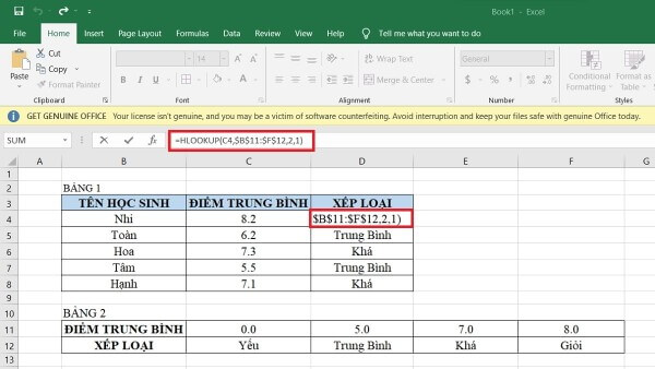 Nhập công thức: =HLOOKUP(C4,$B$11:$F$12,2,1)