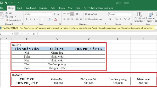 Ví dụ hàm HLOOKUP dùng để tính phụ cấp nhân viên