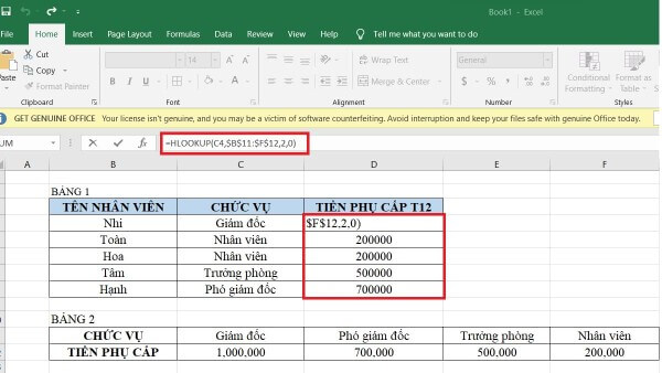 Nhập công thức hàm: =HLOOKUP(C4,$B$11:$F$12,2,0)