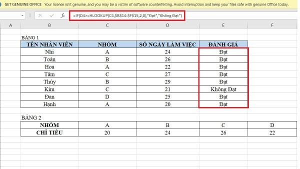 Nhập công thức hàm HLOOKUP kết hợp IF